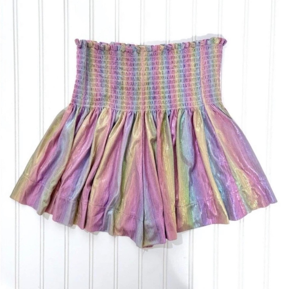 QUEEN OF SPARKLES Pastel Rainbow Metallic Smocked Shorts